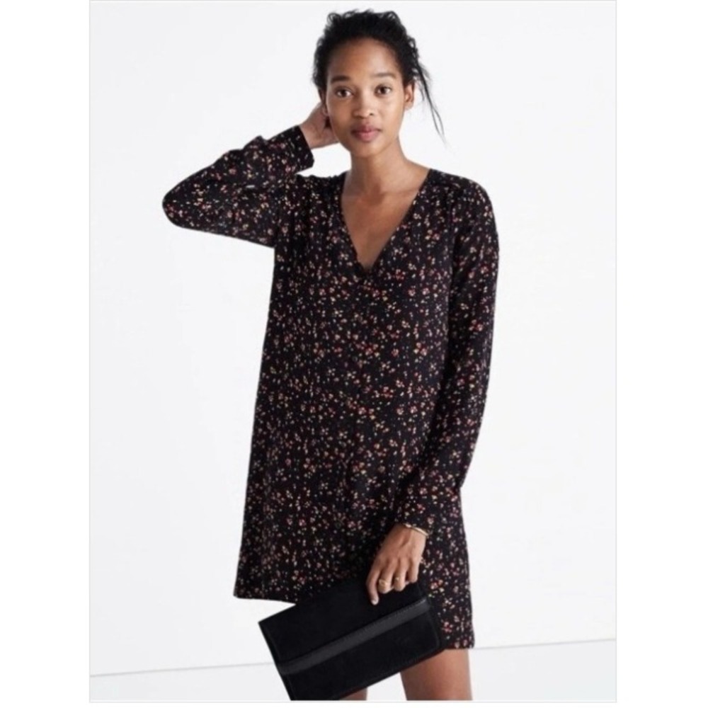 Madewell x Sezane 100% Silk Ditsy Floral Long Sleeve V-Neck Shift Dress Sz S
